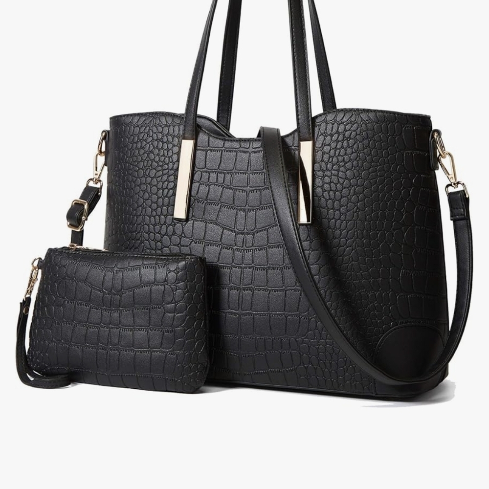 Sophisticated Black Croc-Embossed Tote Bag Set